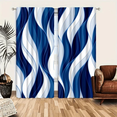 2pcs/Set 2D Flat Printed Blue & White Striped Curtain, Lightweight & Breathable, Suitable For Comfortable Bedroom, Fashionable Office, Elegant Kitchen And Quiet Study