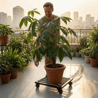 Giá đỡ cây có bánh xe xoay 360°, dễ di chuyển, bằng gang, dùng trang trí ngoài trời, giá để cây, dụng cụ làm vườn, phụ kiện khay trồng cây, giá đựng chậu cây bằng sắt chịu lực cao, thích hợp cho cây trồng trong chậu lớn trong nhà/ngoài trời, chậu cây cảnh, sân thượng.