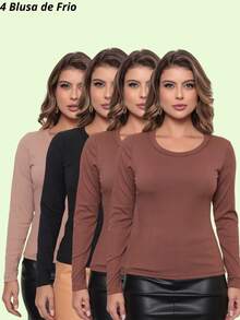Set Of 4 Women's Long-Sleeved Ribbed Crew Neck Blouses, Thermal Base Layer Blouses, Autumn/Winter 2026 - 2 棕色/黑色/米色 - 查看 12