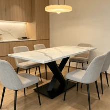 Modern Rectangular Dining Table For 6-8 People, Large White Kitchen Table With MDF Desk And Black Metal Base, White Marble Patterned Wooden Table, X-Shaped Support Dining Table For Home Office/Living Room - 黑與白 - 查看 9