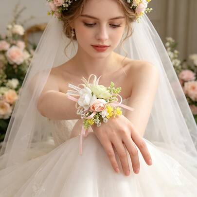 1pc Faux Pink Rose Flower Ribbon Wrist Corsage, Bridal Wedding Decor Accessory