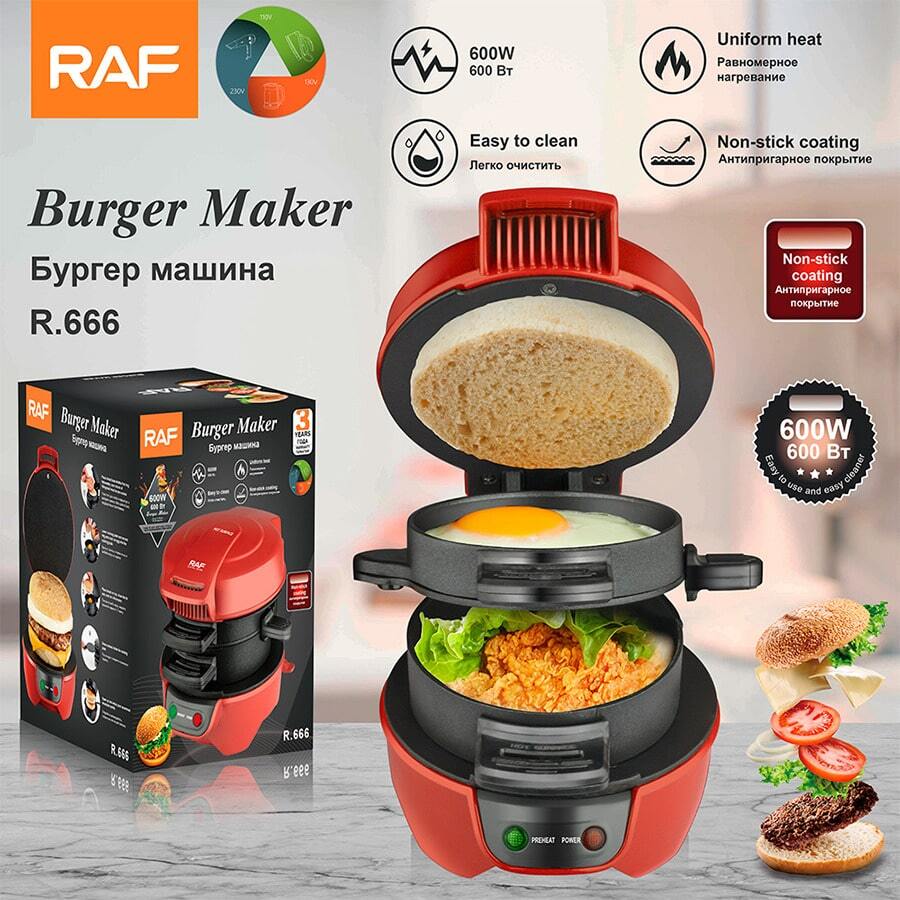 Máquina para Hacer Hamburguesas y Sándwiches RAF R.9666, 600W, Antiadherente, Calentamiento Uniforme, Desayuno Rápido - Tipo de Enchufe A USA (110-127V) - Ver 1