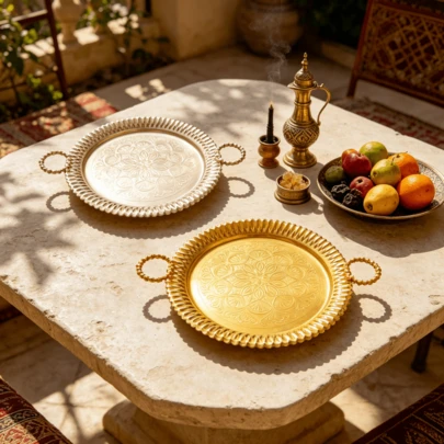 1pc 35cm/13.77inch Luxury Gold Round Decorative Tray With Gold Ring Handle, Embossed Islamic Art Classic Pattern, Sturdy Metal Material With Glossy Finish, Suitable For Wedding Candy, Gifts, Centerpiece Decor With Candles & Dried Flowers, Creating Middle Eastern Retro/Luxury Dining Ambiance