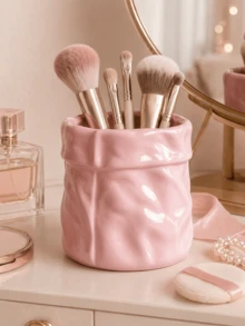 1pc Wrinkled Makeup Brush Holder, Cute Cosmetic Storage Cup Suitable For Vanity, Bathroom Countertop, Lipstick, Eyeliner, Eyebrow Pencil And Daily Makeup Tool Storage, Cream Pink Desktop Decor Gift - A - View 4
