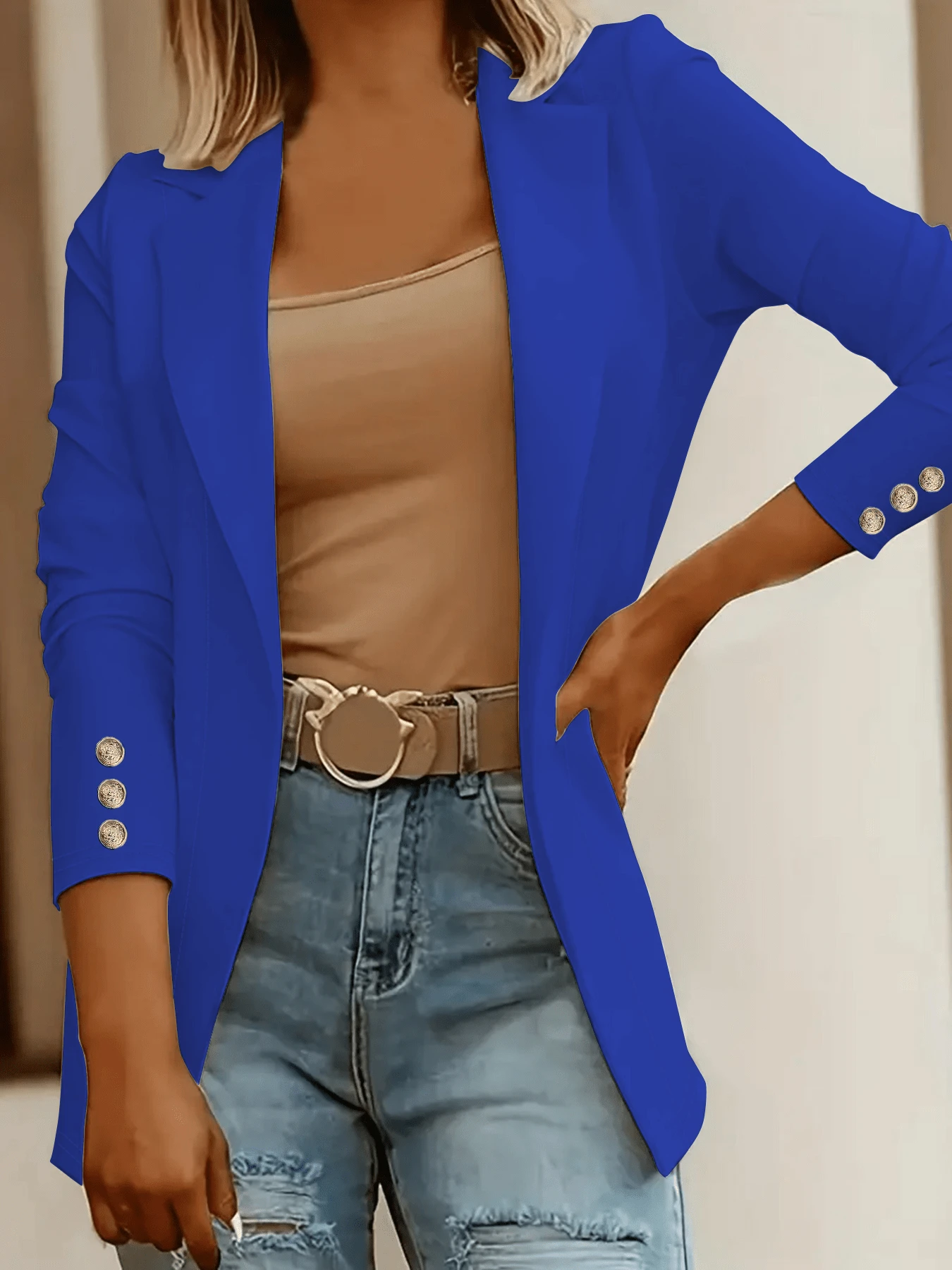 Áo blazer tay dài cổ ve lật kiểu dáng mới dành cho nữ, phù hợp cho công sở. - Màu xanh lam - Xem 1