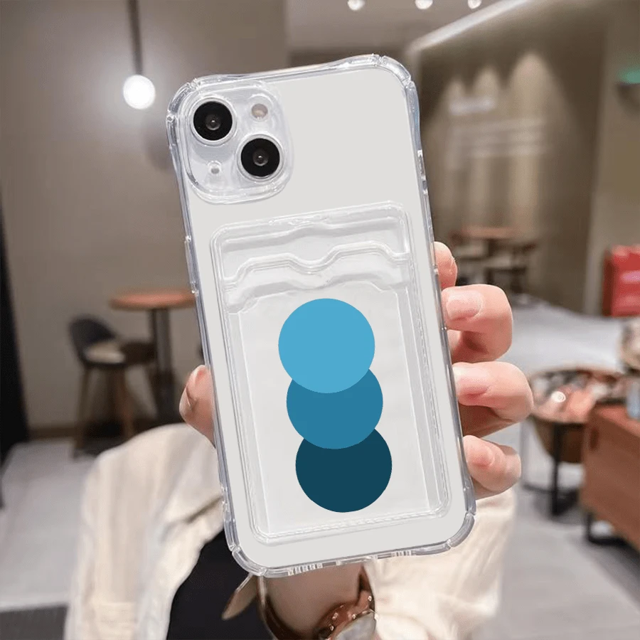 1 unidad Círculos azules apilados degradado Funda para iPhone 16 plus, protección anticaída con airbag reforzado en las cuatro esquinas, tarjetero invisible integrado en la parte trasera, compatible para tarjeta personal, carnet de conducir, tarjeta de acceso y tarjeta de transporte, funda protectora antigolpes portátil con ranura para tarjetas, diseño sencillo y elegante, ideal para uso diario, desplazamientos y viajes - transparente - Ver 1