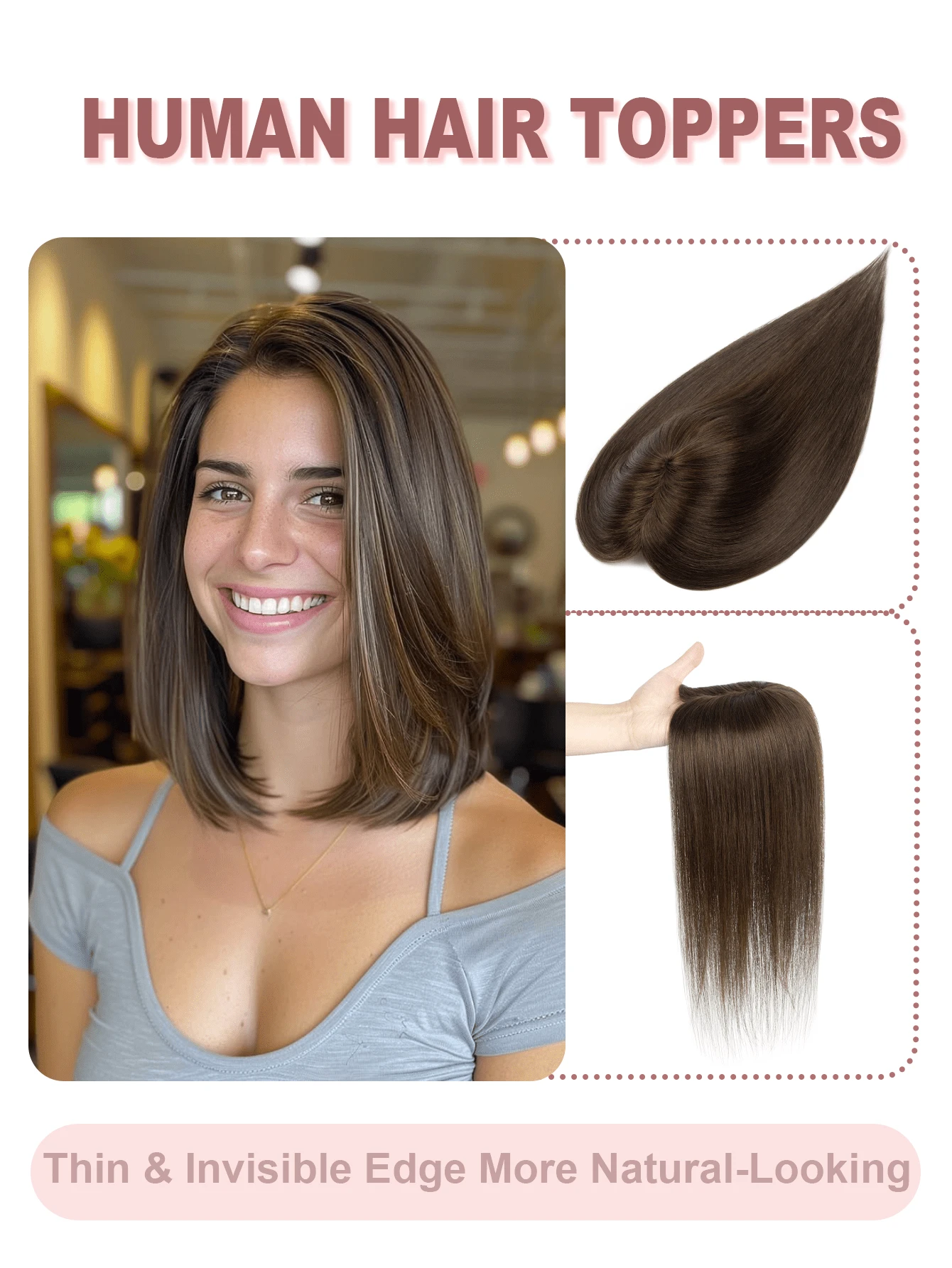 Invisible Clip-In Hair Topper With Bangs, Multi-Clip Secure Fit, Suitable For Thinning Hair And Crown Coverage, Lightweight Seamless Volumizing Hair Extension, Natural Style Hair Piece, Essential For Weddings, Parties, Concerts, Travel, Holidays And Self-Care - Multicolor - View 1