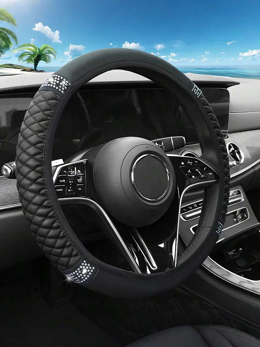 All-Season Steering Wheel Cover - Soft PU Leather, Diamond Quilted Texture, 2 Rows Of AB Crystal Decor, Fits 37-38cm Steering Wheel, Elastic Comfortable Breathable, Multiple Colors Available, Upgrade Car Interior