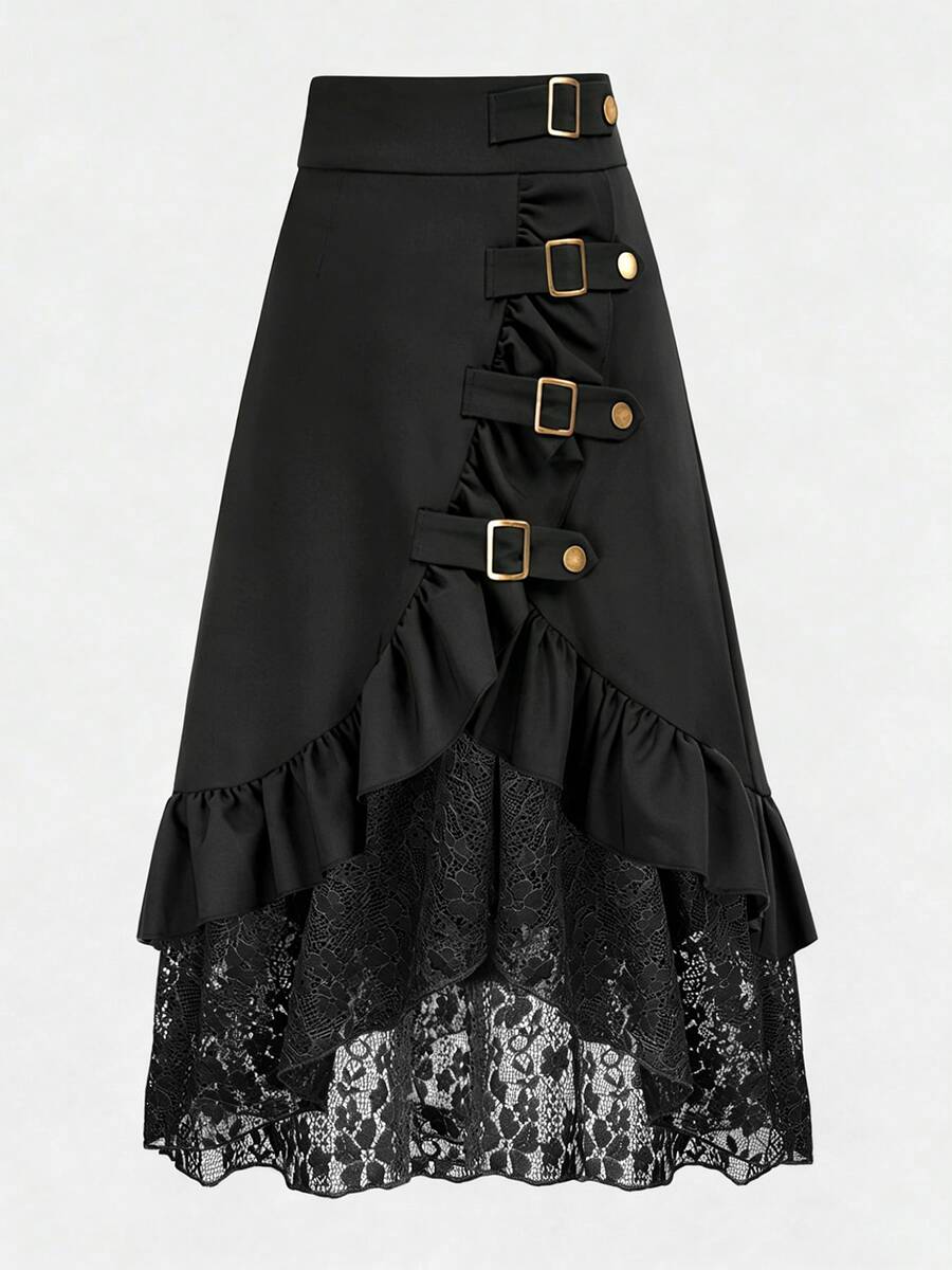 Falda pirata de unicolor con volantes y encaje en el bajo, estilo gótico, color negro, para primavera - Negro - Ver 1