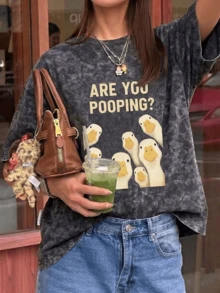 Áo thun ngắn tay phiên bản thường 2026 Acid Wash, phong cách đường phố INS, thẩm mỹ Pinterest, in hình chú vịt ngộ nghĩnh "Are You Pooping?", áo màu xám than cổ điển, kiểu dáng thường ngày. - Màu xám đen - Xem 1