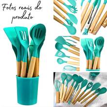 Kitchen Set Kit With 12 Silicone Pieces, Utensils And Cup Holder For Kitchen With Wooden Handle - Baby Pink - View 6