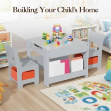 Mesa para niños y 2 sillas - 4 en 1 Mesa de actividad de madera y 2 sillas, cajón de almacenamiento, mesa desmontable, para dibujar, leer, artesanías, arte, tareas - Gris - Ver 7