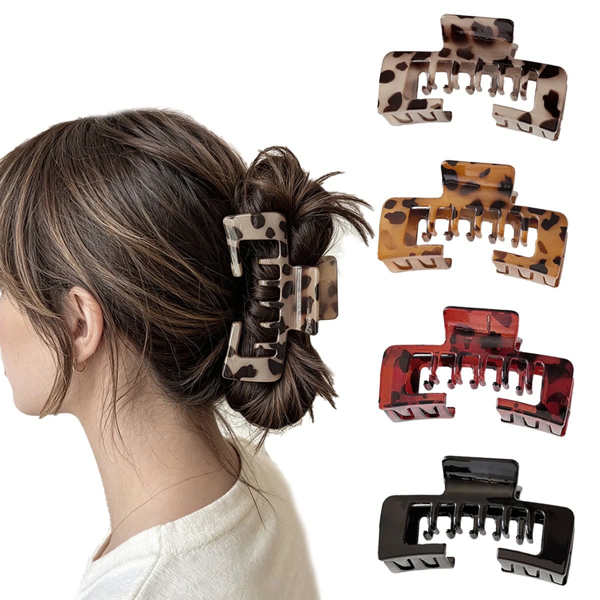 4 Peças Presilhas de Cabelo Retangulares Grandes com Design Côncavo e Estampa de Leopardo Retrô para Mulheres, Acessórios de Cabelo Elegantes e da Moda, Adequados para Uso Externo, Diário, Praia, Estilo Minimalista e Doce, Tamanho Grande, Festival, Festa