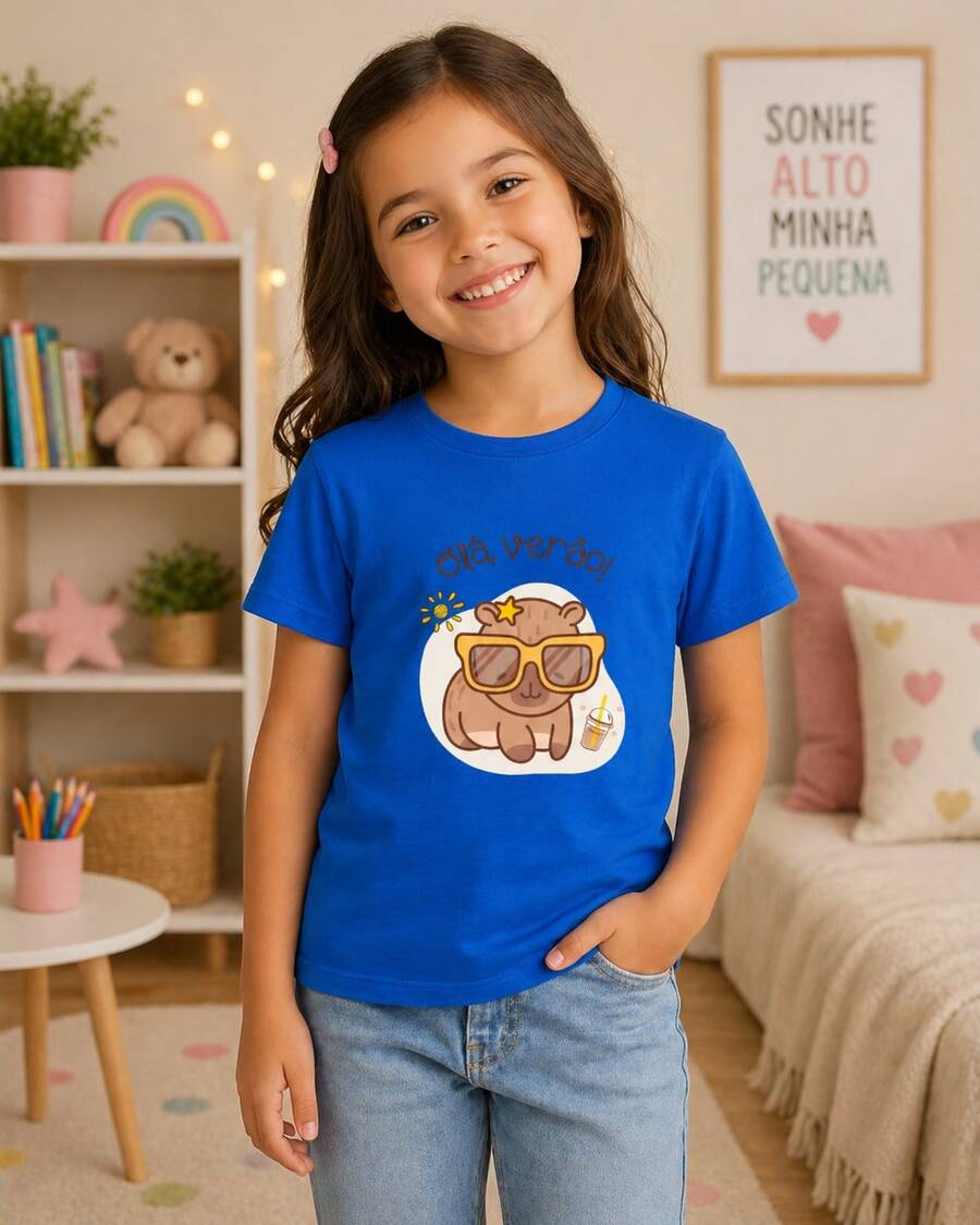 Girls' T-Shirt, Hi Summer Capybara Brazil, Cotton - 藍色 - 查看 1