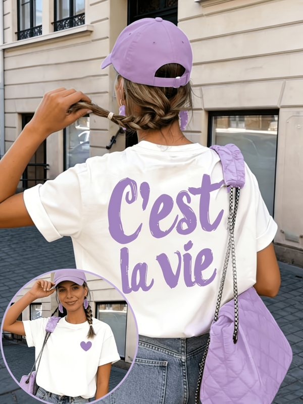 Lightweight, Comfortable And Soft Short Sleeve T-Shirt, Suitable For All-Day Wear. INS Street Style Pinterest Aesthetic With Purple Heart Print On Front And "C'est La Vie" French Slogan Print On Back, White Summer Top Casual