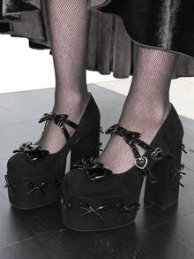 Sweet Platform Pumps Gothic Chunky Heel Shoes Bow Decor Ankle Strap Heart Buckle Y2K Fashion Footwear Festival Daily Wear Thick Sole Party Shoes - 黑色 - 查看 2