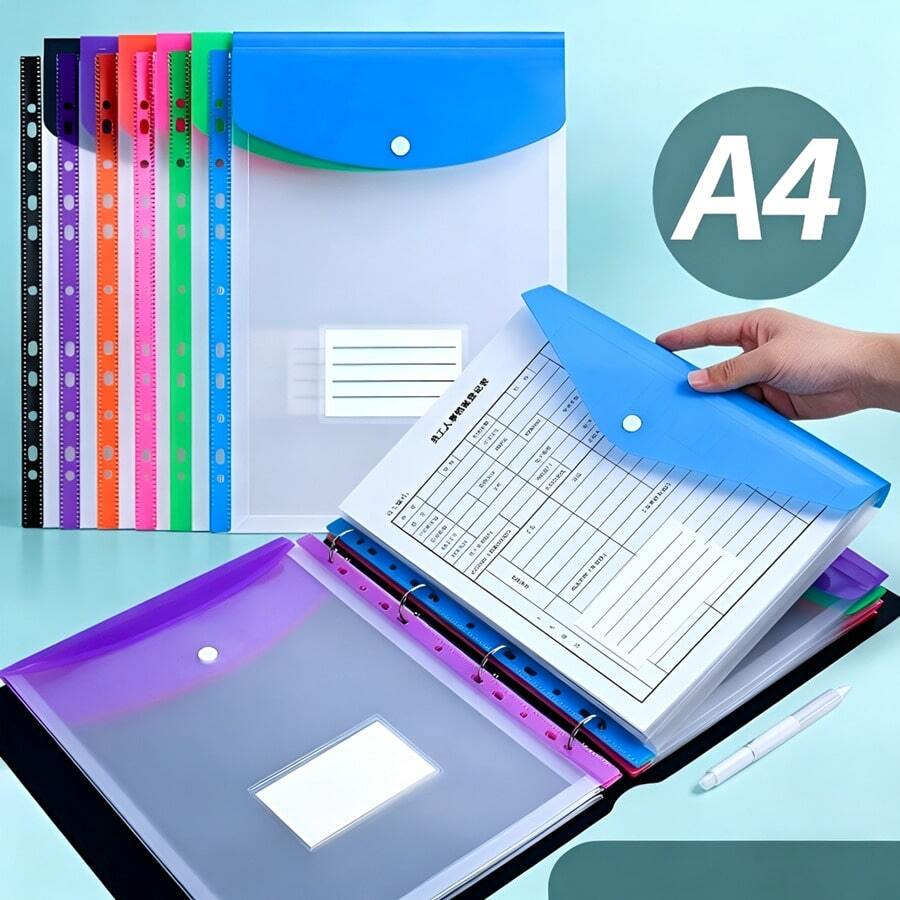 彩色A4塑料文件袋,11孔打孔按扣式多色收纳文件袋,适用于学校、办公室和活页夹收纳 - Q - 查看 1