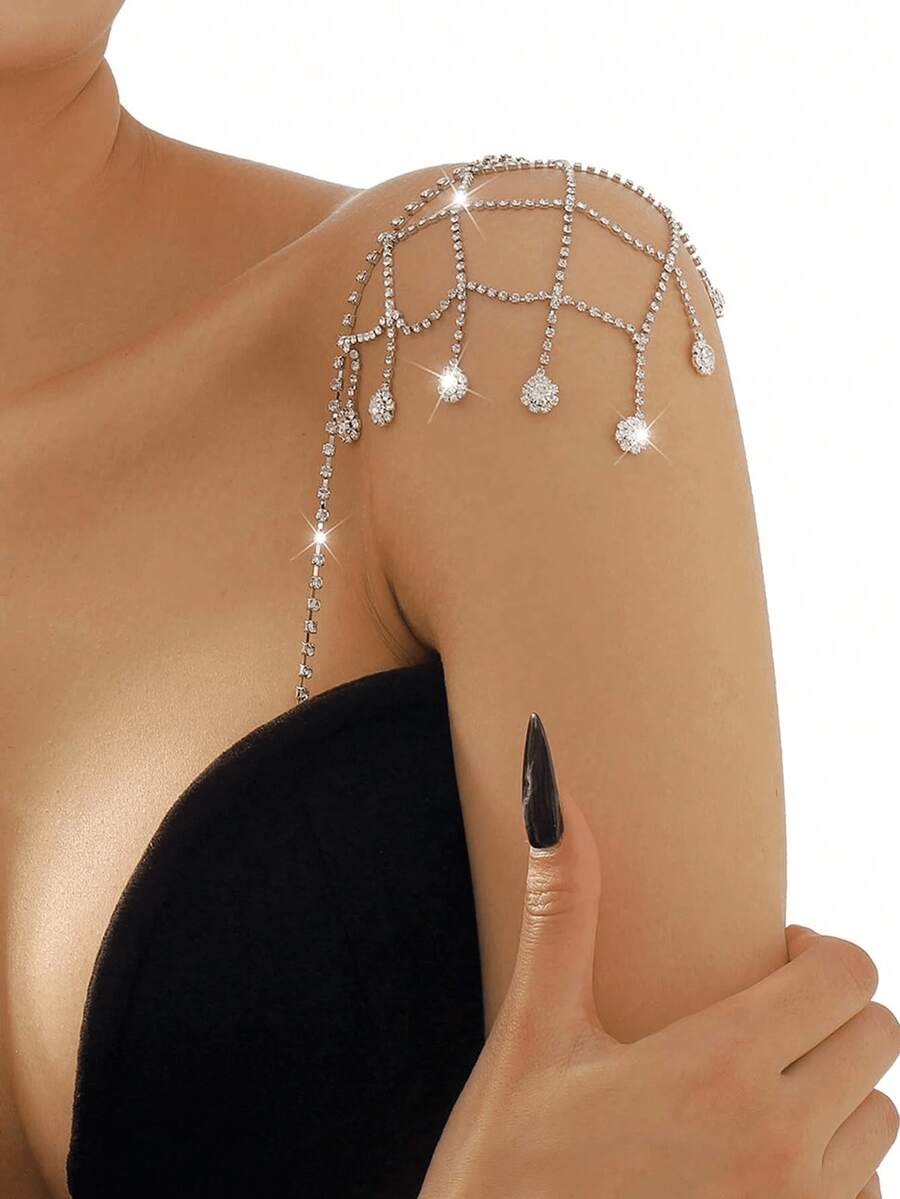 1pc Luxury Floral Pendant Shoulder Chain, Fashion Accessory For Formal Gown, Wedding Party, Evening Dress - Silver - View 1