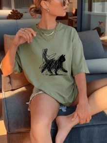 轻盈舒适柔软的短袖T恤，适合全天穿着，INS街头风Pinterest美学黑色涂鸦猫咪线条艺术印花，橄榄绿夏季休闲上衣 - 橄欖綠 - 查看 2