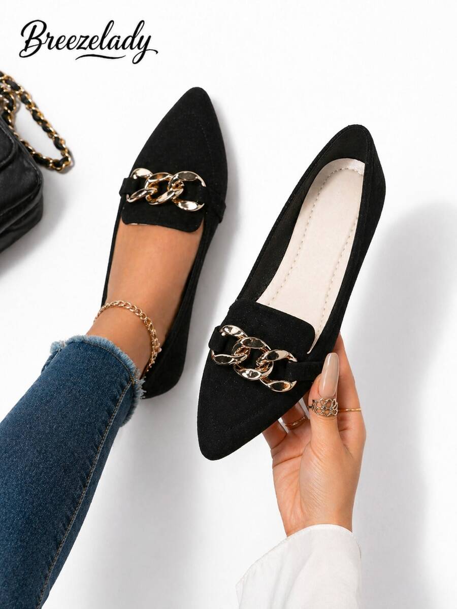 Breezelady Women's Casual Office Black Suede Flat Loafers, Gold Chain Decor Pointed Toe Slip On Daily All-Match Dress Shoes - 黑色 - 查看 1