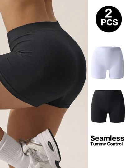 2 chiếc quần short nữ cạp cao ôm sát, quần bó nâng mông không đường may, quần legging bó sát thích hợp cho thể thao và mặc hàng ngày, ôm sát và định hình vóc dáng.