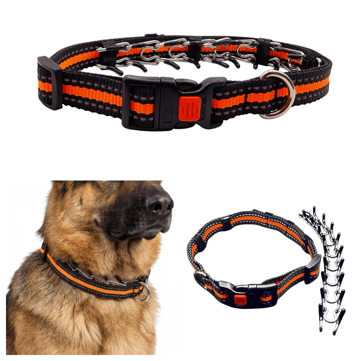 2-In-1 Detachable Nylon P-Chain Dog Collar With Stimulating Chain, Shockproof, Reflective, Adjustable Size, Metal Training Dog Leash With Hook And Loop Nylon Strap For Pet Behavior Correction, 2-In-1 Detachable Nylon Leash With Metal Lock, Adjustable Reflective Anti-Pull Behavior Correction Dog Collar - Multicolor - View 1