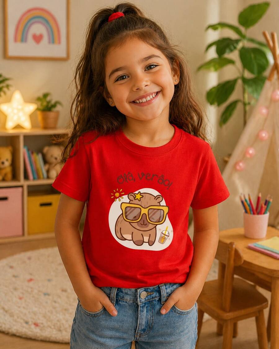 Girls' T-Shirt, Hi Summer Capybara Brazil, Cotton - 紅色 - 查看 1