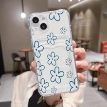 1 unidad Flores azul contorno fondo blanco Funda para iPhone 17 air, protección anticaída con airbag reforzado en las cuatro esquinas, tarjetero invisible integrado en la parte trasera, compatible para tarjeta personal, carnet de conducir, tarjeta de acceso y tarjeta de transporte, funda protectora antigolpes portátil con ranura para tarjetas, diseño sencillo y elegante, ideal para uso diario, desplazamientos y viajes - transparente - Ver 1