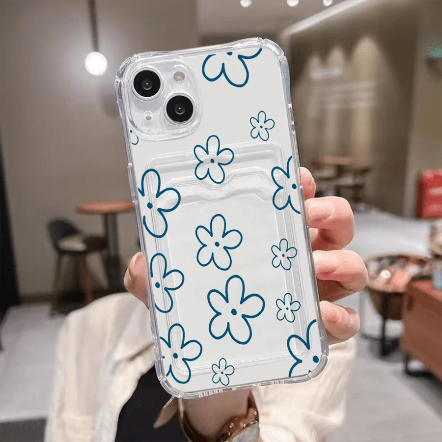 1 unidad Flores azul contorno fondo blanco Funda para iPhone 17 air, protección anticaída con airbag reforzado en las cuatro esquinas, tarjetero invisible integrado en la parte trasera, compatible para tarjeta personal, carnet de conducir, tarjeta de acceso y tarjeta de transporte, funda protectora antigolpes portátil con ranura para tarjetas, diseño sencillo y elegante, ideal para uso diario, desplazamientos y viajes - transparente - Ver 1