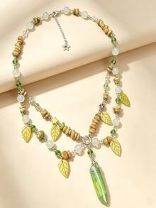 1 Pc Bohemian Green Crystal Leaf Beaded Necklace For Women, Natural Stone & Leaf Charm Forestcore Choker, Fairycore Nature Inspired Jewelry - Hsp042704 - 查看 4