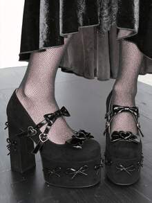 Sweet Platform Pumps Gothic Chunky Heel Shoes Bow Decor Ankle Strap Heart Buckle Y2K Fashion Footwear Festival Daily Wear Thick Sole Party Shoes - 黑色 - 查看 3
