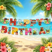 Disney 莫阿娜主题字母生日横幅，热带花卉彩色卡通设计纸质挂旗，儿童生日派对房间装饰 - 如圖 - 查看 2