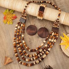 4pcs/set Bohemian Style Wooden Necklace, Bracelet, Earrings Women's Jewelry Set - Multicolor - View 4