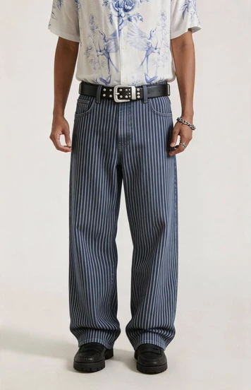 ONE.DINY American Retro Vertical Striped Wide-Leg Jeans, Men's Straight Cleanfit Relaxed Casual Pants, Street Minimalist Style
