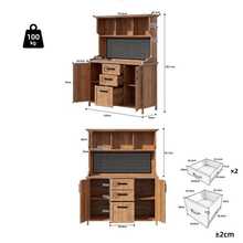 Mobile da giardino in legno massello di abete, contenitore per attrezzi da giardino autoportante con 3 cassetti, 3 scomparti, pannello in metallo forato e ripiani regolabili, ideale per terrazzo o balcone. - Colore naturale - Visualizzare 5