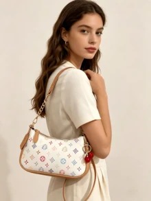 New Fashion Classic Pink Star Style Versatile PU Waterproof Material Letter Decor Design, Solid Color Crescent Shoulder Bag, Chain Shoulder Underarm Bag, Cherry Pendant Decor Women Wallet, Elegant Business Commute Bag, Lightweight, Ample Storage Space, Suitable For Shopping, Gatherings, Can Be Worn Crossbody. - Nhiều màu - Xem 3