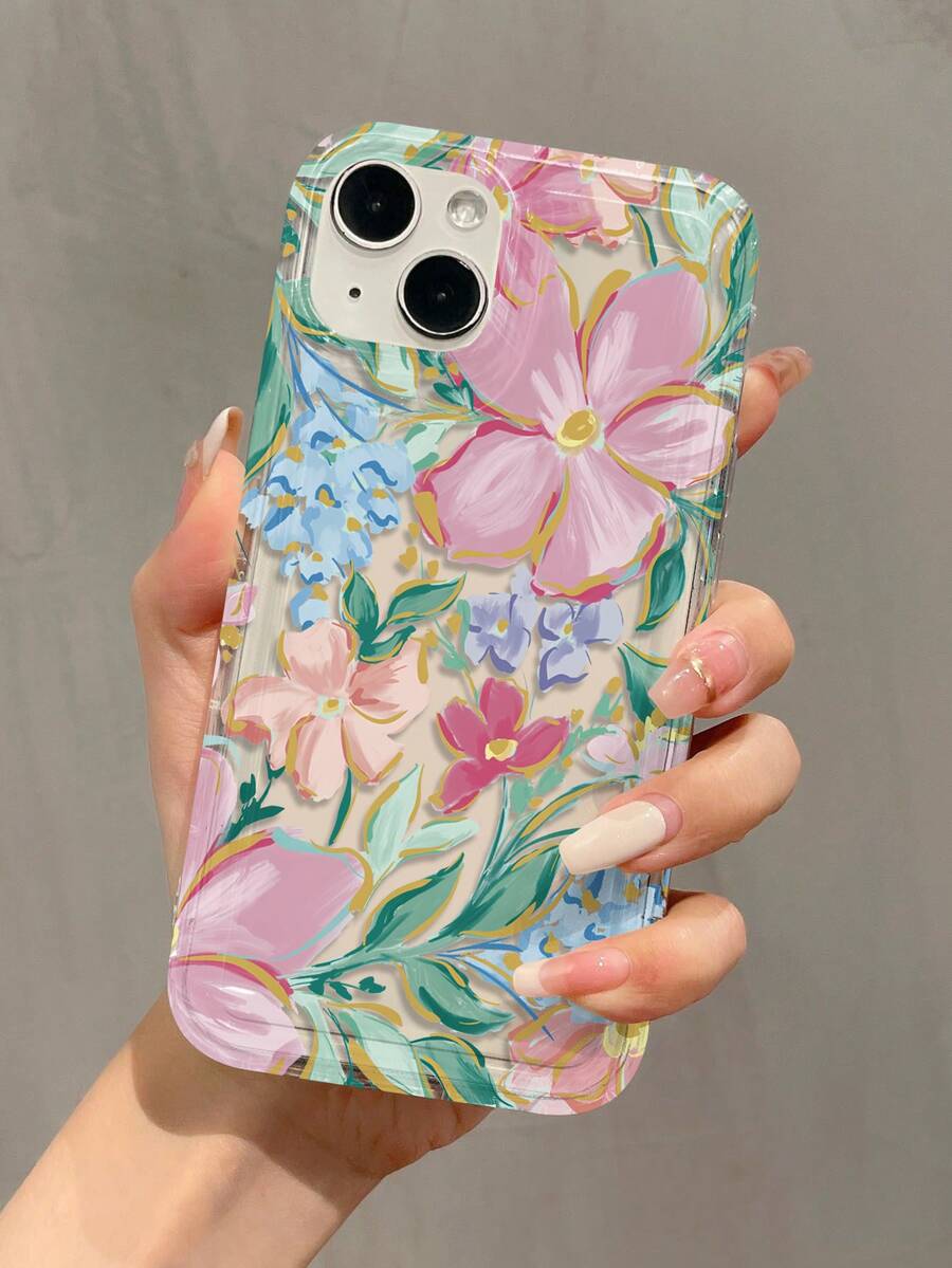 Pink Blue Floral Fashion 1pc Shock-Absorbing Transparent Floral Leaf Design Phone Case, Vivid Pink Orchid Pattern, Compatible With IPhone 16 Pro Max, 15/14 Plus, 13/12/11 And Series Waterproof Anti-Fall Scratch Resistant, International Version, Not The Domestic Version, Spring Gift Party Anniversary Flower - Multicolor - View 1