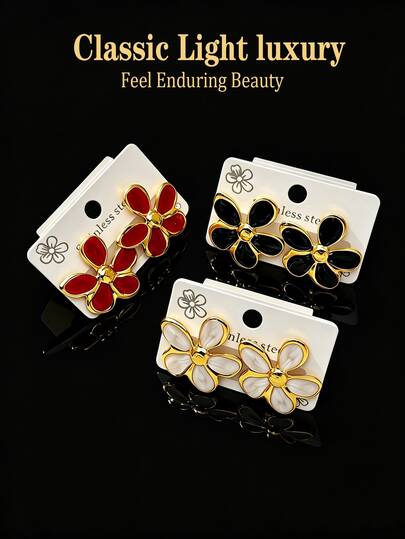 3 Pairs Of Bohemian Flower Shaped Earrings, Gold Five Leaf Flower Pendant Earrings, Metal Stamen Earrings, Exaggerated Flower Shaped Earrings, Summer Forest Style Earrings, Women's Jewelry, Making It The Perfect Holiday Gift For Family And Friends