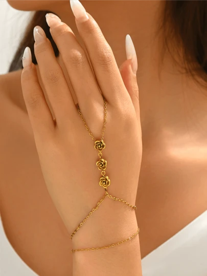 1pc Fashion Niche Rose Stainless Steel Finger Bracelet, Elegant Minimalist Flower Design Mitten Bracelet Ring Bracelet For Women, Versatile For Daily Wear, Celebrations, Parties