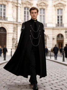 Black Vintage Gothic Cloak, Pearl Chain Decor Stand Collar Open Slit Design, Elegant Mysterious Slimming Outerwear, Suitable For Halloween Masquerade, Gothic Party, Medieval Theme Events, Showcasing Unique Charm And Sophistication - Black - View 3