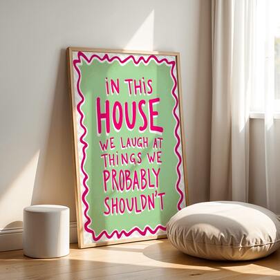 1pc Frameless Pink & Green Text Quote Art Print, "We Laugh In This Home" Canvas Wall Art, Unique Creative Wall Decor, Suitable For Living Room Bedroom Decoration Gift