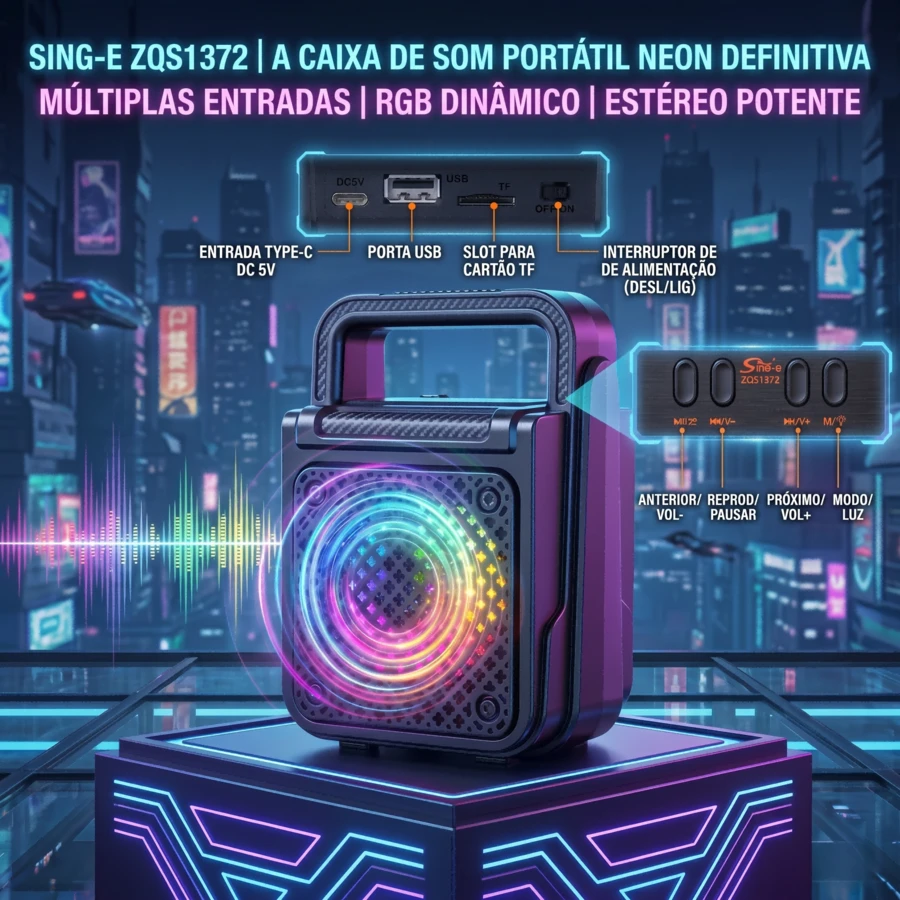 Sing-E 8W Bluetooth Speaker With RGB – Bluetooth 5.0, 1200mAh Battery, 4h Playback Time, Type-C Input, TF And USB Support, Carrying Handle – Portable For Home, Parties And Outdoors - ZQS1372 - View 1