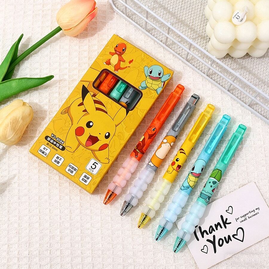 5 chiếc/hộp Bút bi Pokemon 0.5mm màu đen, văn phòng phẩm dễ thương, bút xóa được hình hoạt hình, quà sinh nhật anime.