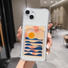 1 unidad Olas sol barco mar abstracto Funda para iPhone 16 e, protección anticaída con airbag reforzado en las cuatro esquinas, tarjetero invisible integrado en la parte trasera, compatible para tarjeta personal, carnet de conducir, tarjeta de acceso y tarjeta de transporte, funda protectora antigolpes portátil con ranura para tarjetas, diseño sencillo y elegante, ideal para uso diario, desplazamientos y viajes - transparente - Ver 2