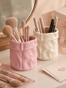 1pc Wrinkled Makeup Brush Holder, Cute Cosmetic Storage Cup Suitable For Vanity, Bathroom Countertop, Lipstick, Eyeliner, Eyebrow Pencil And Daily Makeup Tool Storage, Cream Pink Desktop Decor Gift - A - View 2
