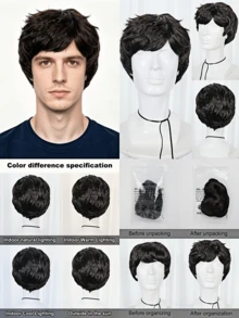 Men's Wave Curly Cosplay Wig Natural Layered Synthetic Wig, Suitable For Daily Party Clothing, Available In Black, Brown, Gold, And Grey, Realistic Appearance - Multicolor - View 6