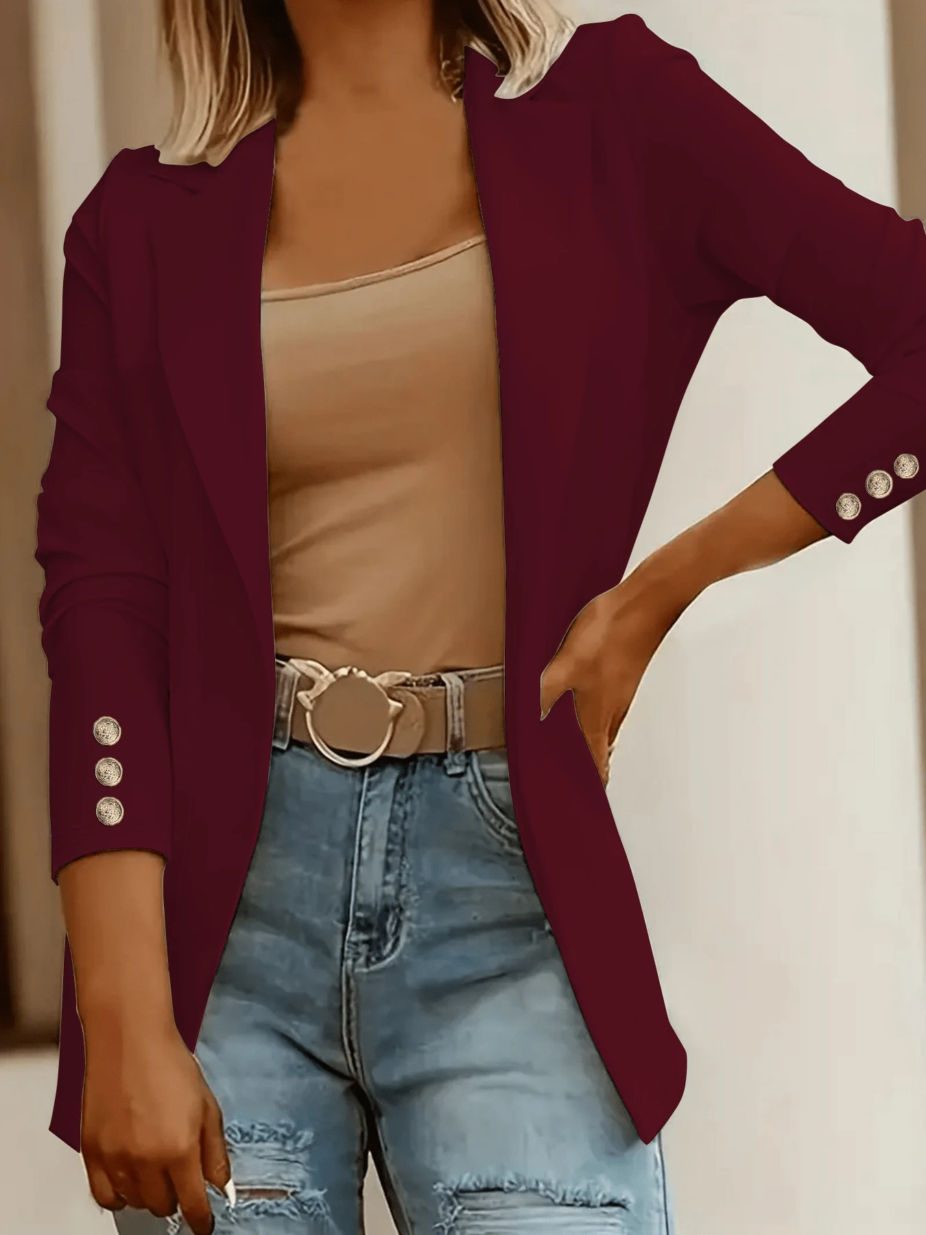 1 chiếc áo khoác vest nữ tay dài cổ bẻ thanh lịch mới, trang phục công sở mùa xuân. - Màu Đỏ Sâu - Xem 1