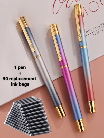 51件套（1支圆珠笔+50支笔芯）优雅渐变色金属圆珠笔，3种颜色可选，书写流畅，适合日常书写、学校、办公室、商务签名，是节日送礼佳品。