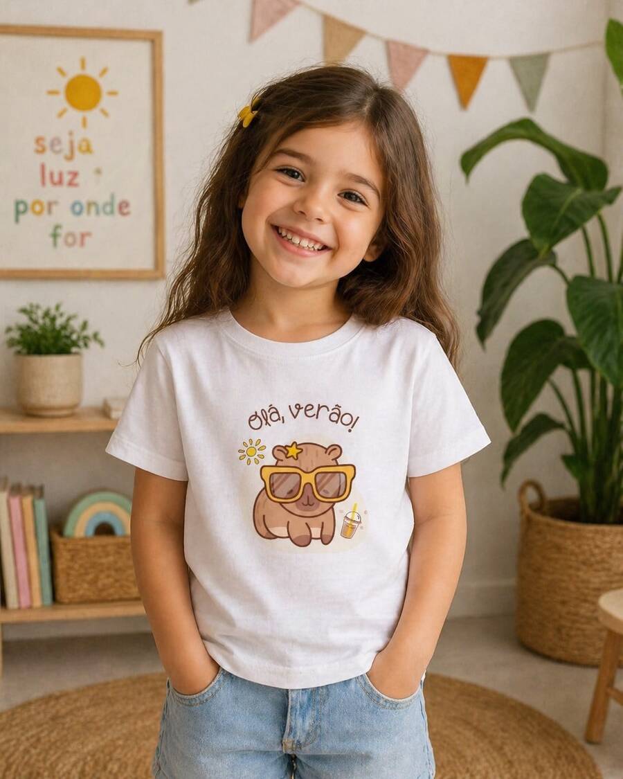 Girls' T-Shirt, Hi Summer Capybara Brazil, Cotton - 白色 - 查看 1