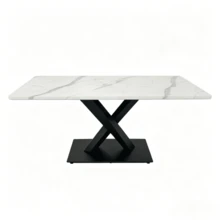 Modern Rectangular Dining Table For 6-8 People, Large White Kitchen Table With MDF Desk And Black Metal Base, White Marble Patterned Wooden Table, X-Shaped Support Dining Table For Home Office/Living Room - 黑與白 - 查看 12